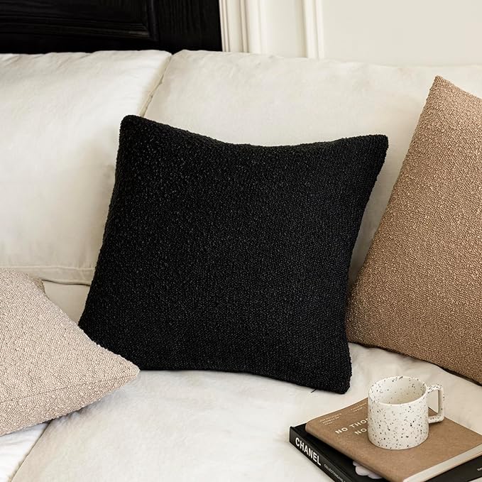 Foindtower Set of 2, Decorative Textured Boucle Throw Pillow Covers Accent Solid Pillow Cases Neutral Soft Couch Cushion Case for Chair Sofa Bedroom Living Room Home Decor 24 x 24 Inch Black