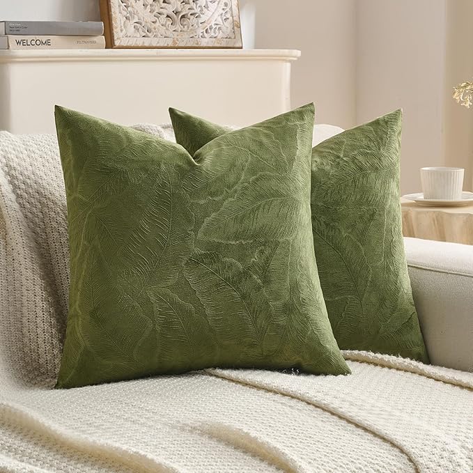 FUTEI Moss Green Velvet Throw Pillow Covers 20x20 Inch Set of 2,Soft Embossed Leaf-Relief Textured Cushion Cases,Natural Home Decor for Couch Living Room