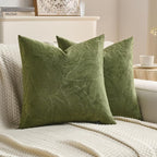 FUTEI Moss Green Velvet Throw Pillow Covers 26x26 Inch Set of 2,Soft Embossed Leaf-Relief Textured Euro Pillow Shams,Natural Home Decor for Couch Living Room