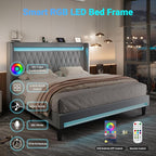 Allewie Upholstered King Size Platform Bed Frame with LED Light and Charging Station, Button Tufted High Headboard, Wingback Design, Noise Free, Easy Assembly, No Box Spring Needed, Grey