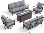 PHI VILLA Patio Furniture Set with 56" Fire Pit Table, Premium Outdoor Wicker Metal Frame Furniture with Upgraded Waterproof Thick Cushions for Porch, Poolside, Deck, and Yard （5 Pieces, Grey