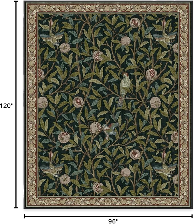 RUGGABLE x Morris & Co Washable Area Rug – Pomegranate Blue Green 8x10, Stain-Resistant, Non-Slip – Large Machine Washable Rugs for Living Room, Bedroom, Hallway, Entryway & Office–with Standard Pad