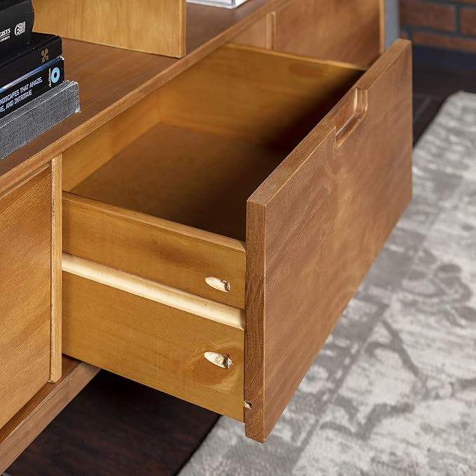 Walker Edison 3-Drawer Mid Century Modern Wood TV Stand for TV's up to 65" Flat Screen Cabinet Door Living Room Storage Entertainment Center, 58 Inch, Caramel