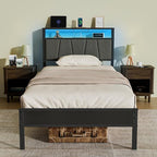 Z-hom Twin Bed Frame with Upholstered Headboard and Footboard, Metal Platform with Dual Storage Compartments, LED Lights and USB Ports, Easy Assembly, Grey