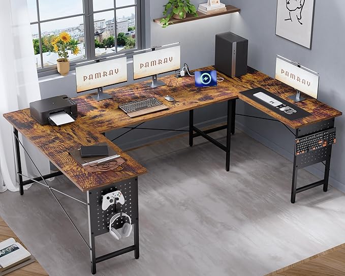 Pamray 71 Inch Large Computer Desk with Power Outlets,U Shaped Corner Desk for Home Office Work and Gaming Vintage