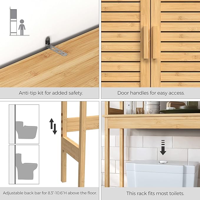 SONGMICS Over The Toilet Storage Cabinet, Bathroom Cabinet with Adjustable Inside Shelf and Bottom Stabilizer Bar, Space-Saving Toilet Rack, Natural Beige UBTS010N01