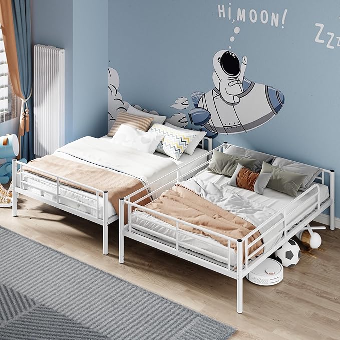 Merax Full Over Full Metal Bunk Bed with Ladder and high Guardrail, Able to Split, Storage Space, No Box Spring Needed, Noise Free, White