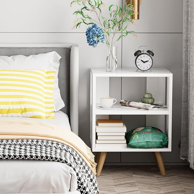 Night Stand, White Kids Nightstand, Modern End Table with Open Storage, 2-Tier Nursery Bedside Table for Small Space, Living Room, Bedroom