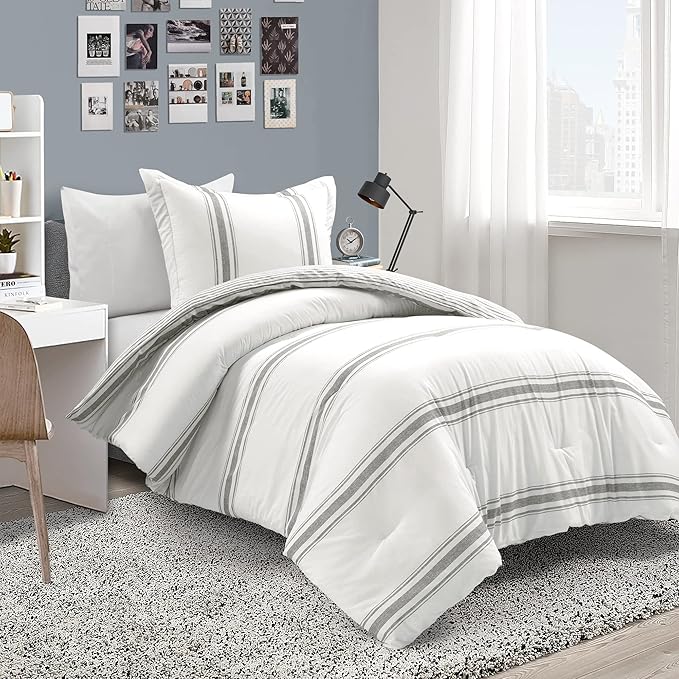 Lush Decor Farmhouse Stripe Reversible Cotton Comforter Set , 2 Piece Set, Twin XL, Dark Gray - Twin Bedding Set - Dorm Decor - Striped Comforter For Kids Or Teens - Modern Farmhouse Bedroom Decor