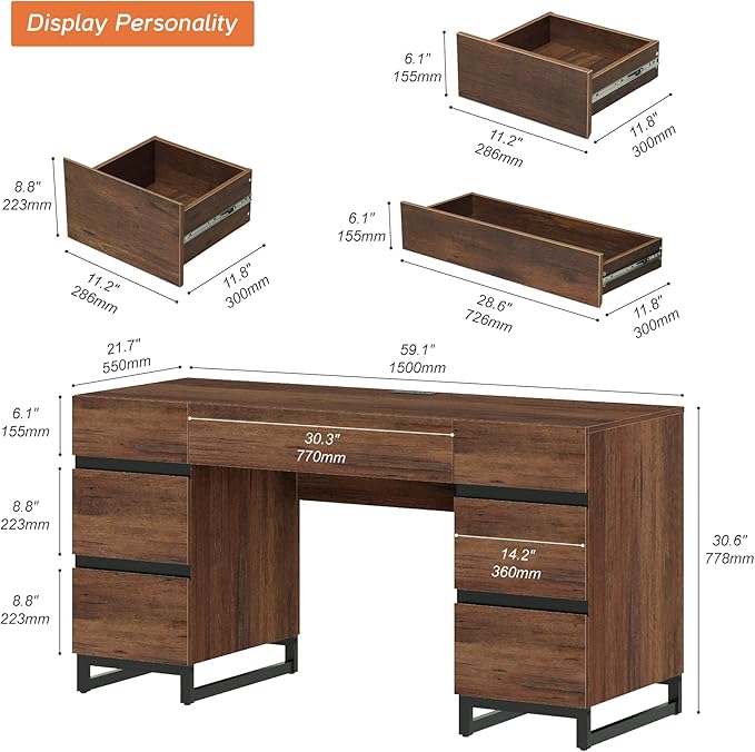 WAMPAT 59" Modern Executive Desk with Drawers, Wood Computer Writing Desk with Charging Station, Home Office Desk with File Drawer, Study Table for Bedroom, Living Room, Home Office, Rustic Brown