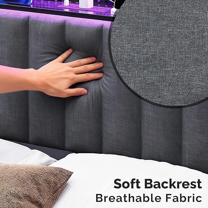 VINGLI King Size Headboard Only, Adjustable Upholstered Headboard with 3 Tier Shelves and Pegboard with Charging Stations and LED Lights, Modern Bed Headboard with Storage for Bedroom Decor