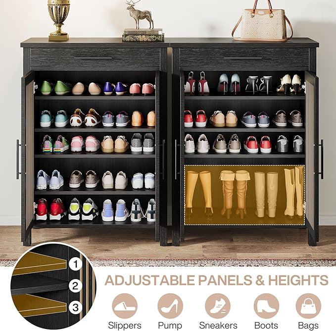 Tribesigns Shoe Cabinet, 5-Tier Shoe Storage Cabinet with Louvered Doors and Drawer, Freestanding Wooden Shoe Rack Organizer with Adjustable Shelves for Entryway, Hallway, Closet, Black