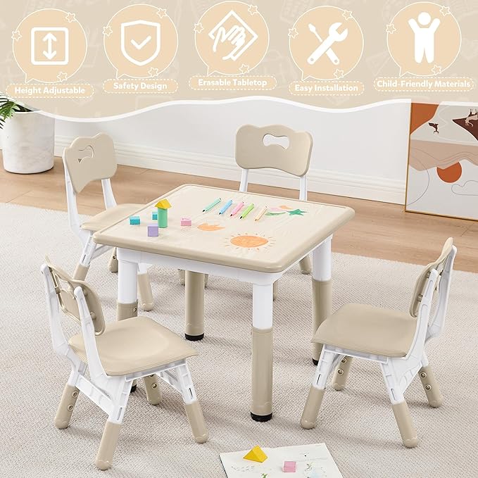 Adjustable Kids Table Chairs Set – Graffiti Desktop, Multi-Activity Height-Adjustable Toddler Study Desk for Ages 3-8 – Ideal for Home, Classroom, Daycare (W-Wood, 4 Chairs-23.6" L x 23.6" W)