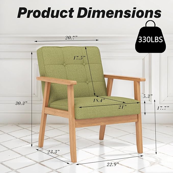 Modern Accent Chair with Arm Rest Set of 2, Upholstered Linen Fabric Leisure Chair Comfy Side Chair with Backrest Button and Wooden Frame for Living Room Bedroom Reading(Green)