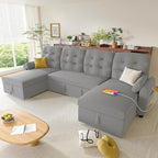 Ucloveria Sleeper Sofa Bed, 112" U Shaped Sectional Sofa Couches for Living Room, Pull Out Couch Bed with Dual Reversible Storage Chaise | Charging Station | Side Pockets | Removable Backrest