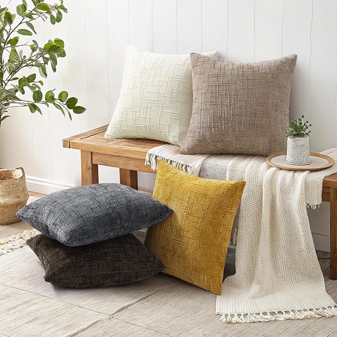 decorUhome Oatmeal Chenille Throw Pillow Covers 24x24 Set of 2 Thick Textured Slubby Couch Pillow Covers Farmhouse Accent Modern Neutral Decorative Pillow Cases for Bed Sofa Living Room