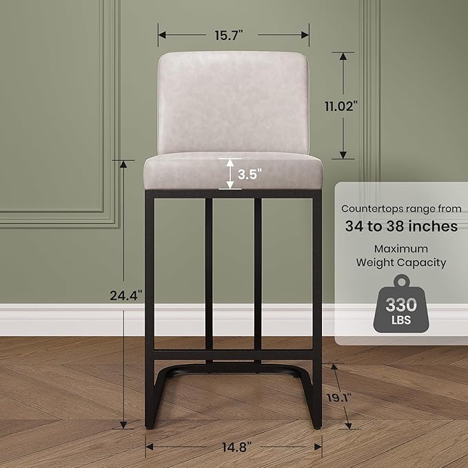 PHI VILLA Light Grey Bar Stools Set of 2, Faux Leather Counter Height Chairs, Kitchen Stools for Island, 24 Inch Barstools with Back