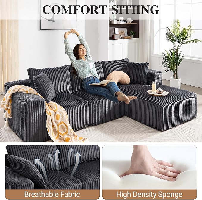 102" Modular Sectional Sofa, L-Shape Cloud Sectional Couch with Deep Seat, 3 Seat Memory Foam Comfy Boneless Couches for Living Room Bedroom, No Assembly Required, Grey