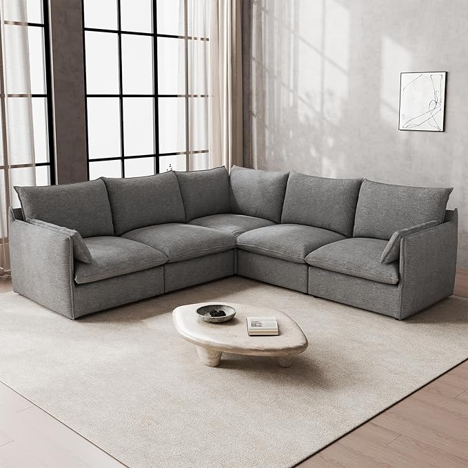 Waterproof Cloud Sectional Sofa for Living Room,High Backrest Down Filled Couch,5 Seater Oversized Modular V-Shaped Couches,Detachable Couch Covers,Dark Grey