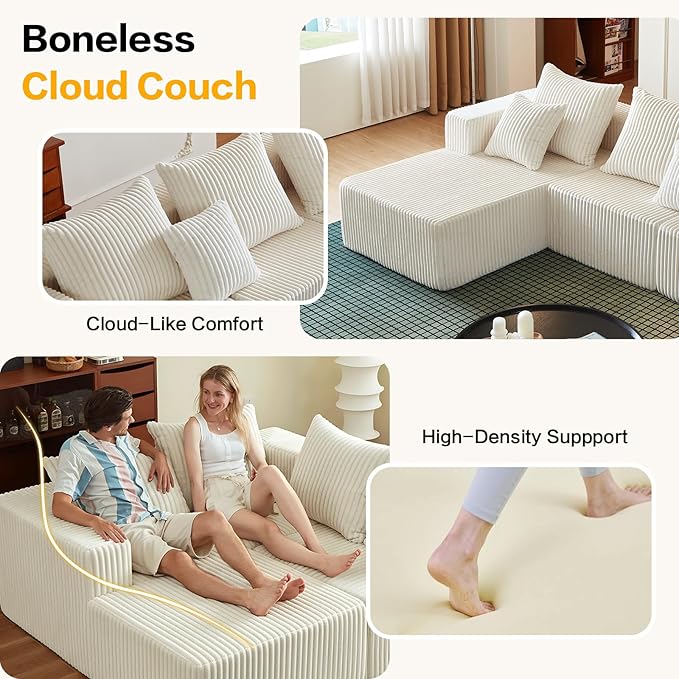100.7 Inch Cloud Sectional Couch, Boneless Sofa for Living Room, Corduroy Modular Couch with L Shape Chaise, Modern Compressed Sofa in a Box, Memory Foam Filling (Beige)