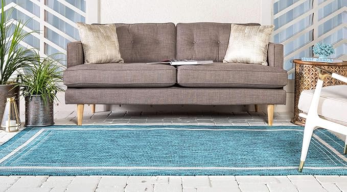 Unique Loom Outdoor Border Collection Area Rug - Soft Border (6' 1" x 9' Rectangle, Teal/ Ivory)