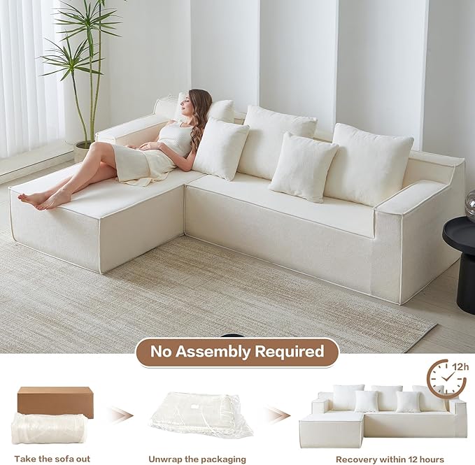 101" L-Shaped Couch for Living Room,Modular Sectional Cloud Couch,Boneless Sofa in A Box,Upholstered Couches for Bedroom,White Sofa with Oversized Chaise