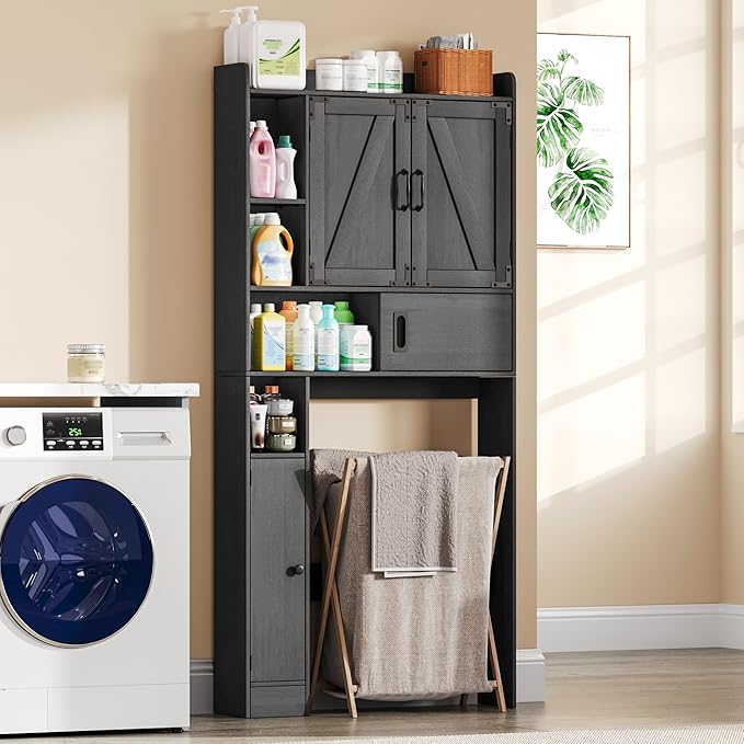 ChooChoo Over The Toilet Storage Cabinet, Farmhouse Bathroom Shelf Over Toilet with Adjustable Shelves, Above Toilet Storage Cabinet with Sliding Door for Bathroom, Laundry Room, Black