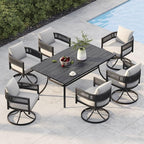 Grand patio Outdoor Dining Set, 7-Piece Patio Table and Chairs Set, Metal Woven Wicker Swivel Patio Chairs with Thickened Cushions & 1 Rectangular Woodgrain Dining Table with Umbrella Hole (Black)