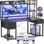 Aheaplus Desk with LED and Outlets, Gaming Desk with Hutch, 55.2'' Computer Desk with Drawers, Reversible Office Desk with Storage Bookshelf Large Workstation Desk with Shelf, Desk for Home, Black
