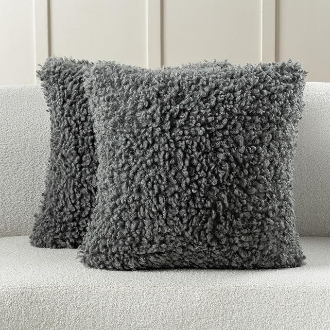 FUTEI Dark Grey Decorative Throw Pillow Covers 18x18 Inch Set of 2,Soft Fluffy Faux Wool Fur Boucle Textured Cushion Case,Modern Home Decor for Couch Bed Living Room Office