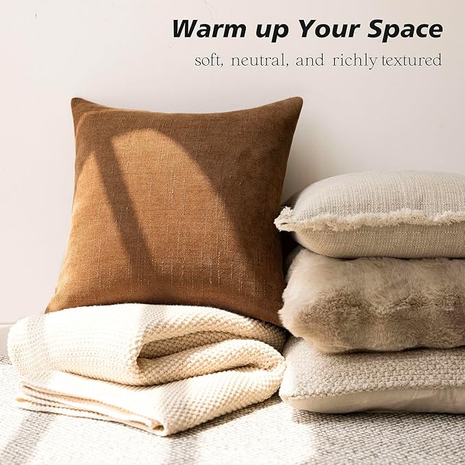 Foindtower Pack of 2 Soft Textured Chenille Throw Decorative Pillow Covers Square Accent Solid Cushion Cover Cozy Farmhouse Pillow Case with Zippe for Couch Sofa Bed Living Room 22x22 Inch, Bronze