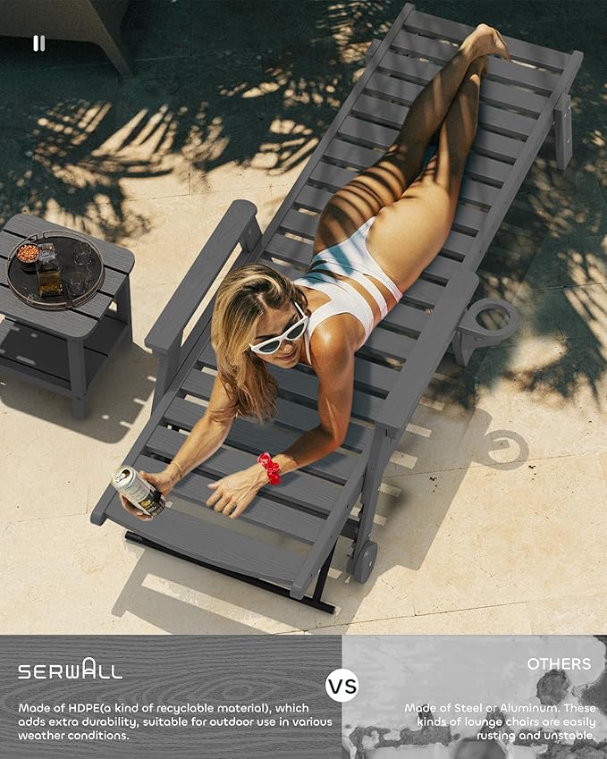 SERWALL Patio Chaise Lounge Chair Set of 2, 78'' Long 5-Positions Adjustable HDPE Outdoor Lounger for Pool, Poly Lounge Chair with Rolling Wheels & Cup Holder for Poolside, Deck, Slate Gray