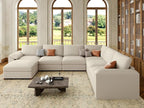 EASE MOOSE Faux Leather Sectional with Ottoman, Oversized Modular Couch, Modular Sectional Sofa with Deep Seat, Scratch Resistant Faux Leather Material, U Shaped Couch for Big Spaces, Beige