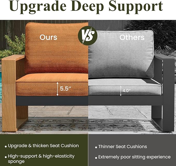 LayinSun 4 Pieces Aluminum Patio Furniture Set with Fire Pit Table, Oversized Seat with Hight Back, Outdoor Conversation Sets for Porch, Balcony, Deck