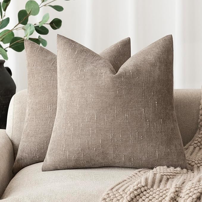 Foindtower Set of 2 Soft Textured Chenille Throw Decorative Pillow Covers Square Accent Solid Cushion Cover Cozy Neutral Farmhouse Pillow Case for Couch Sofa Bedroom Living Room 22x22 Inch,Light Taupe