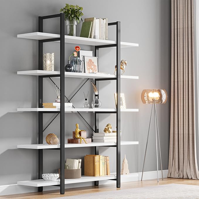 Tribesigns 5-Tier Bookshelf, Vintage Industrial Style Bookcase 72 H x 12 W x 47L Inches, White