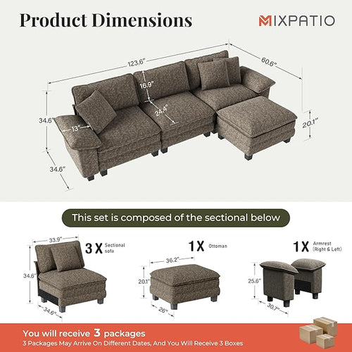 123-Inch L Shaped Sectional Sofa with Cloud Cushions, Deep Seat Modular Couch Set w/ 4 Seats & 1 Ottomans, Removable Arms, Plush Chenille Upholstery for Living Room, Apartment - Smoky Gray