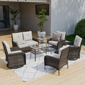 COOS BAY Vintage Courtyard Patio Furniture Set, Wicker Outdoor Furniture, Patio Conversation Sets, 2 Chairs, 2 Swivel Rockers, Loveseat, Coffee Table and Side Table, 7 Pieces, Gray/Beige