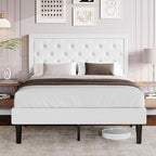Allewie Queen Size Velvet Upholstered Bed Frame with Adjustable Headboard, Diamond Tufted Design, Wood Slat Support, Noise-Free EVA Strip, Easy Assembly, White