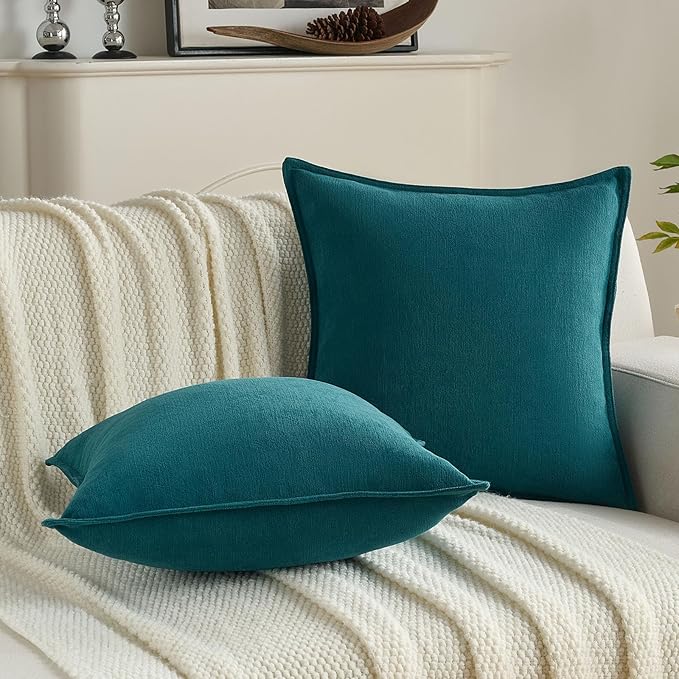 FUTEI Teal Chenille Throw Pillow Covers 20x20 Inch Set of 2,Edges Double-Stitched Cushion Cases,Modern Home Decor for Couch Living Room