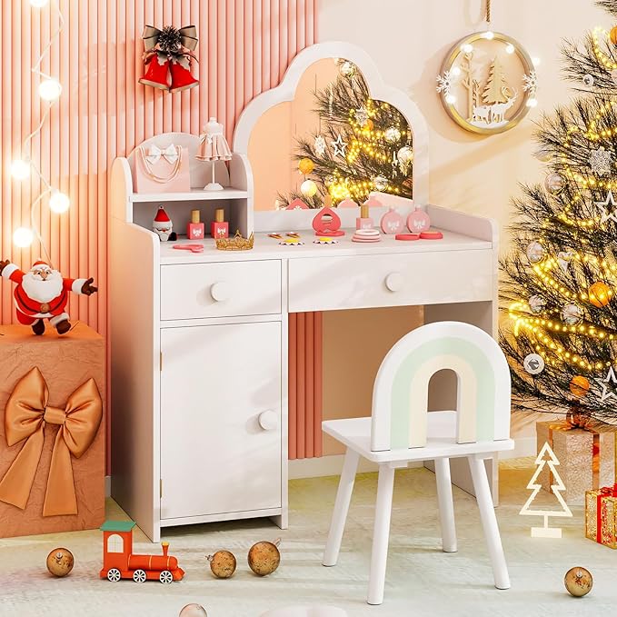 Costzon Kids Vanity, 2 in 1 Girls Vanity Set with Mirror, Drawers, Storage Shelf & Cabinet, Makeup Vanity Desk Dressing Table, Kids Vanity Table and Chair Set for Little Girls (White)