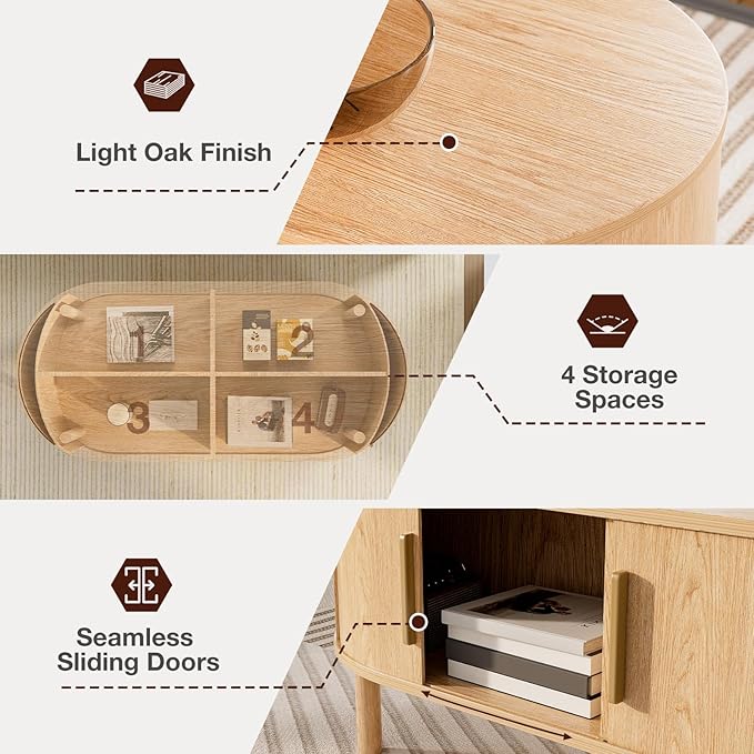 Coffee Table for Living Room, Modern Oval Coffee Table with Cabinets & Sliding Doors, Home Small Space, 47.2" Fluted Center Table, Natual