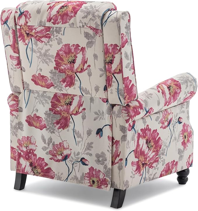 Pushback Recliner Chair, Upholstered Armchair Wingback Recliner Chair, Floral Fabric Push Back Recliner with Wood Legs, Rivet Trim Single Sofa Accent Chair for Living Room, Bedroom, Pattern White