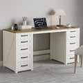 WOPITUES 60" Farmhouse Home Office Desk with 10 Wooden Drawers, Rustic Computer Writing Desk with Power Outlets, Large Executive Desk with Storage Cabinet for Work Study Writing, Rustic Brown & White