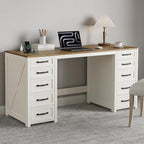 WOPITUES 60" Farmhouse Home Office Desk with 10 Wooden Drawers, Rustic Computer Writing Desk with Power Outlets, Large Executive Desk with Storage Cabinet for Work Study Writing, Rustic Brown & White