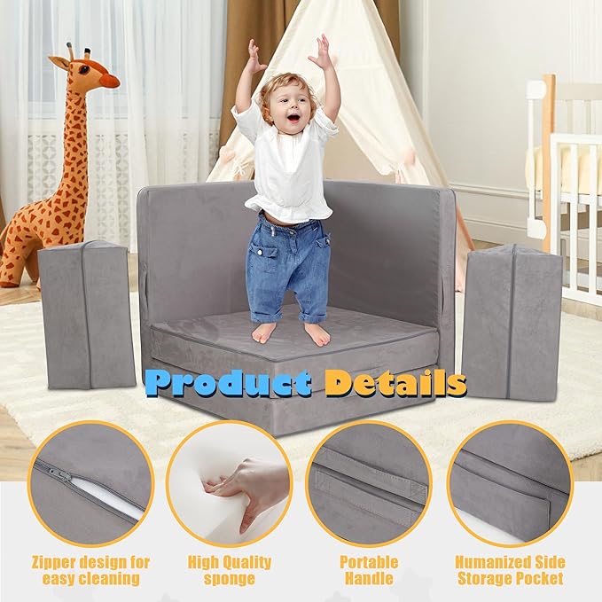 Ulax furniture Kids & Toddler Play Couch - Convertible Folding Sofa with Durable Foam, Modular Design for Versatile Play & Relaxation