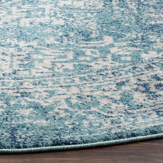 SAFAVIEH Evoke Collection Area Rug - 9' Round, Blue & Ivory, Distressed Design, Non-Shedding & Easy to Clean, Ideal for Living Room, Bedroom, Dining Space (EVK256C)
