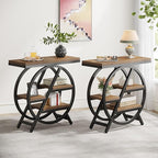 Tribesigns End Table Set of 2, 3-Tier Narrow Sofa Side Table with Storage for Living Room, Wood End Table with Geometric Metal Frame, Industrial Nightstand and Bedside Table for Bedroom, Light Brown