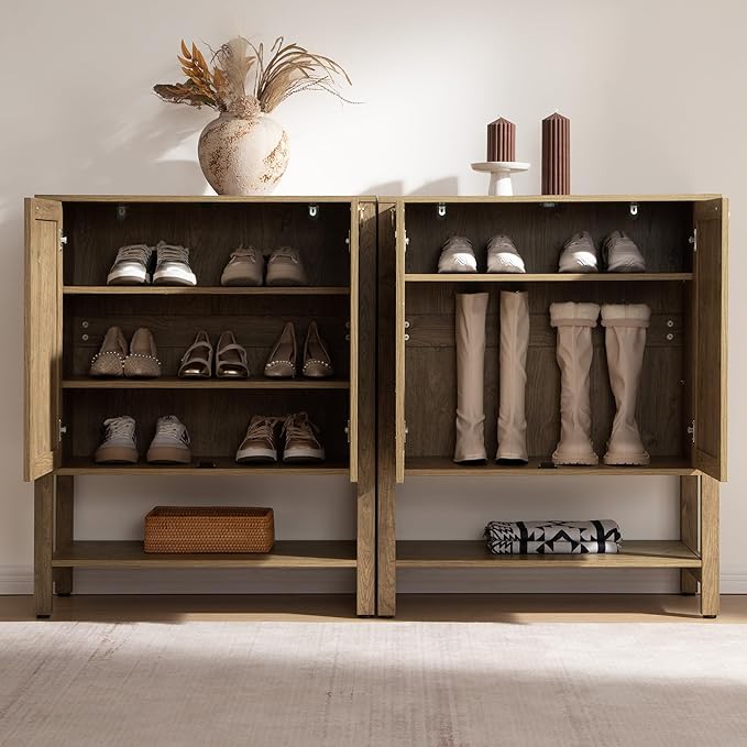 SICOTAS Shoe Cabinet with Storage - 3 Pieces Farmhouse Boho Shoe Organizer with Rattan Doors & Shelves, 5 Tier Free Standing Shoe Rack Storage Cabinet for Entryway, Living Room, Closet (Carbon Cherry)