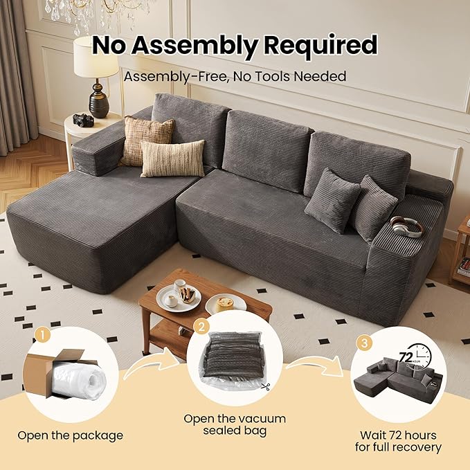 104" Cloud Sectional Couch with Chaise, Boneless L-Shaped Cloud Couch with Deep Seat, Corduroy Modern Minimalist Sofa, Assembly Free Comfy Sofa for Office Living Room Apartment(Grey, Left Chaise)